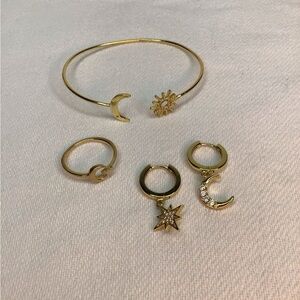 Gold Crescent 🌙 Moon and Star Jewelry Set Bracelet, Earrings, & Ring